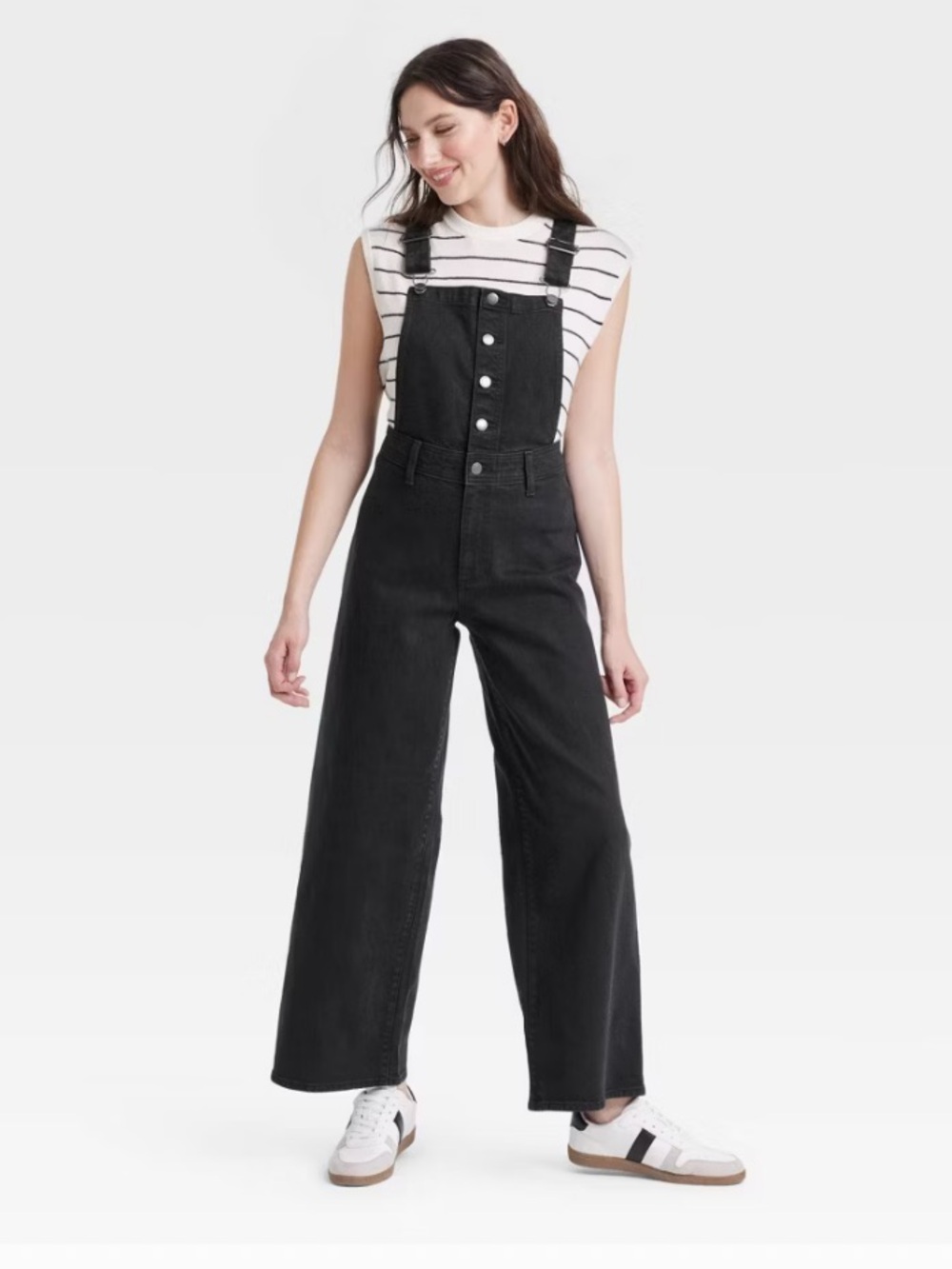 100% Cotton Black Wide-Leg Denim Sailor Overalls